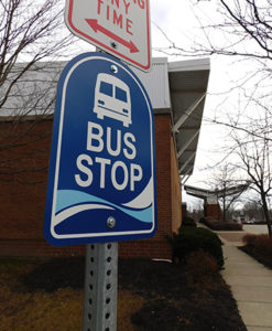 A photo of a Allen County Regional Transit Authority Bus Stop Sign. The ACRTA provides afe, dependable, courteous, and cost-effective transportation service to Allen County residents.