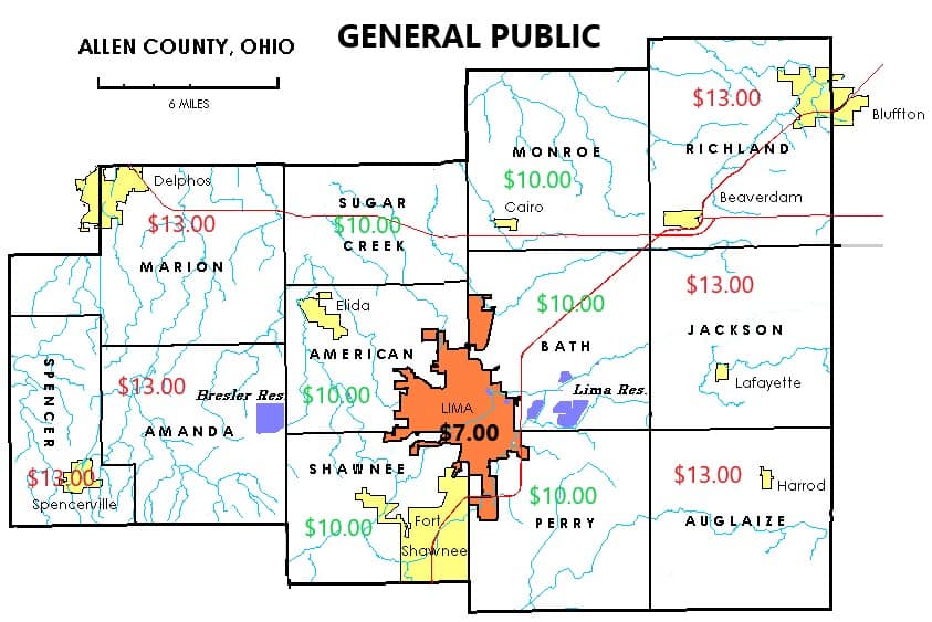 General Allen County Map of RTA fares